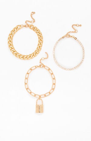3 Pack Stacked Lock & Chain Bracelets image number 1