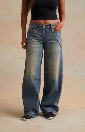 Medium Blue Ball Chain Low Rise Baggy Jeans image number 1