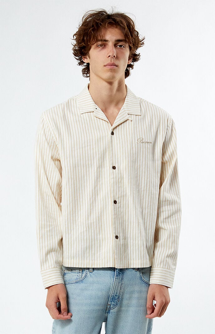 Pacsun Men s Long Sleeve Stripe Camp Shirt in Yellow Size Large