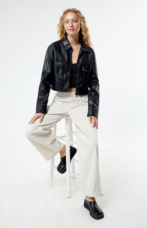 Faux Leather Cropped Cargo Jacket image number 3