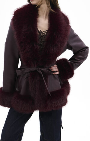 Kenzy Burgundy Faux Leather & Fur Belted Coat image number 3