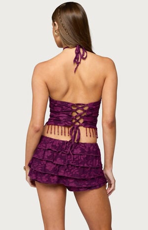 Keyla Bead Fringed Textured Halter Top image number 3