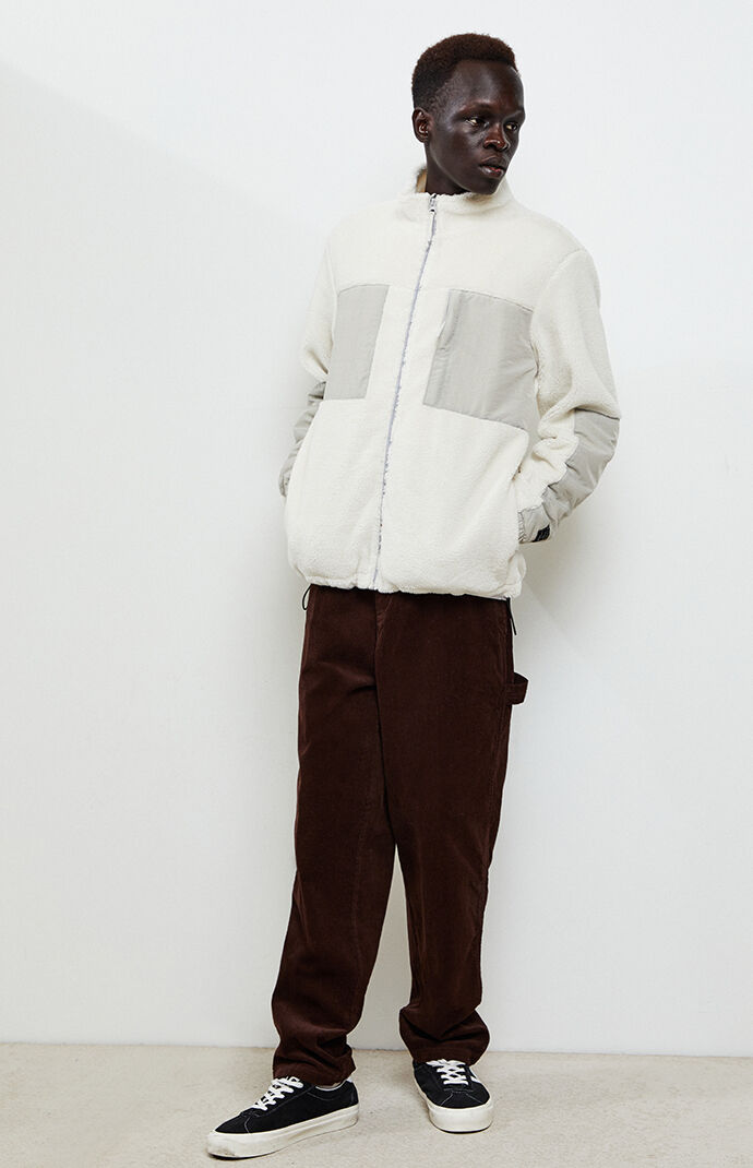 White & Gray Zip-Up Sherpa Jacket