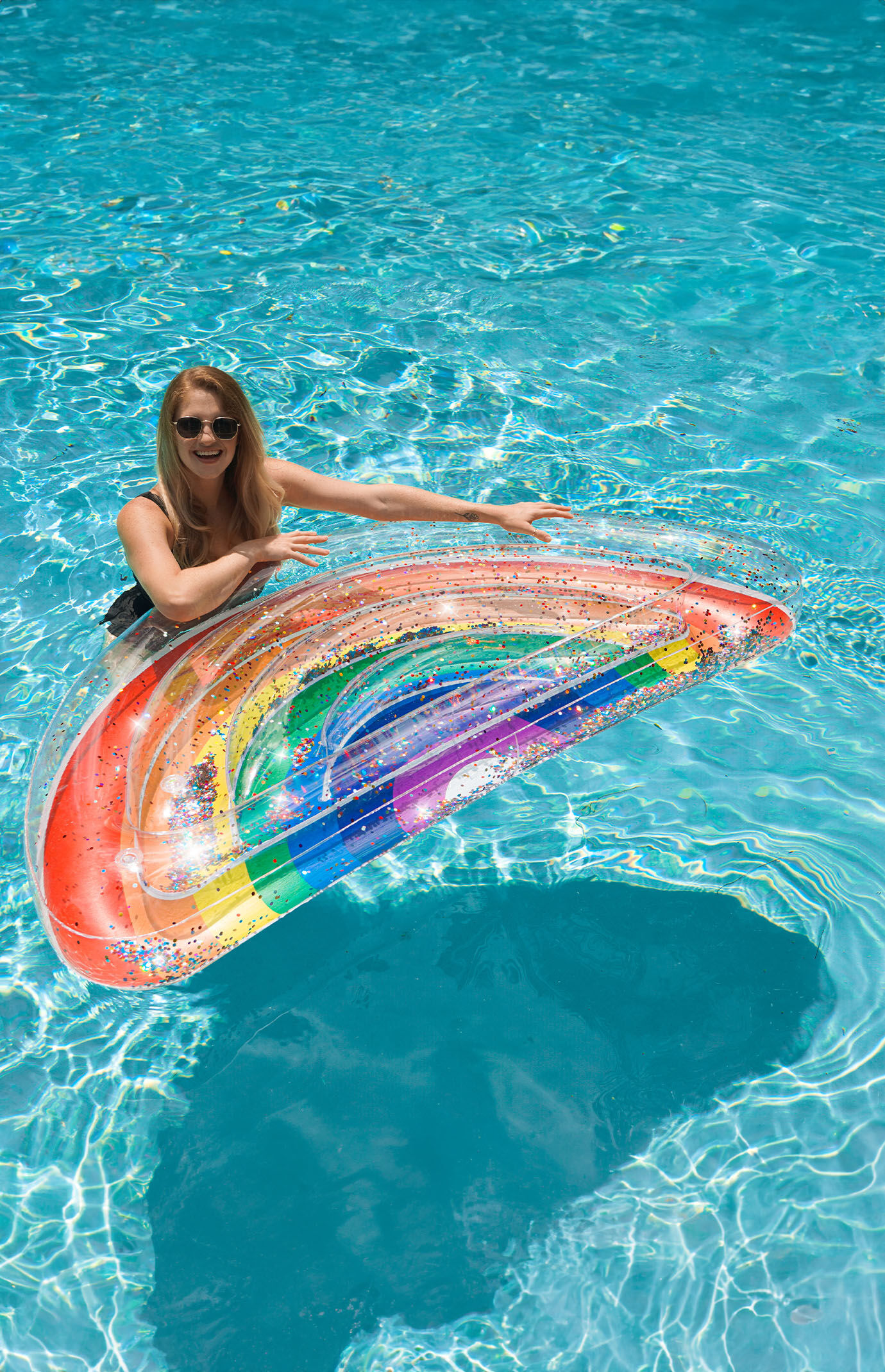 PoolCandy Inflatable Rainbow Glitter Half Island Pool Float