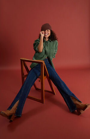 Dark Blue Slit High Waisted Bootcut Jeans image number 6