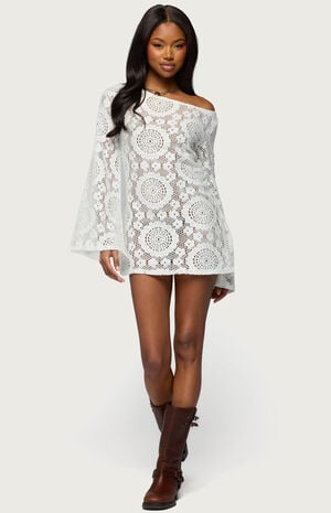 Off Shoulder Sheer Lace Mini Dress image number 1