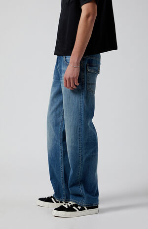 Medium Indigo Button Slub Baggy Jeans image number 3