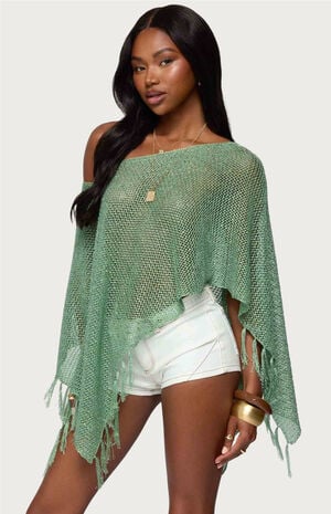 Sequin Fringe Knit Poncho image number 2