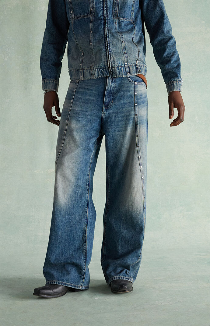 RARE DNM EDIT Tinted Medium Blue Studded Extreme Baggy Jeans | Pacsun