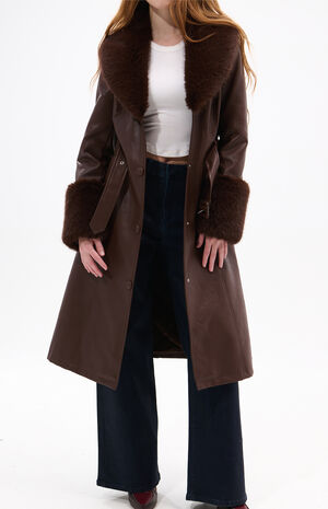 Kaya Brown Faux Leather & Fur Trench Coat image number 4