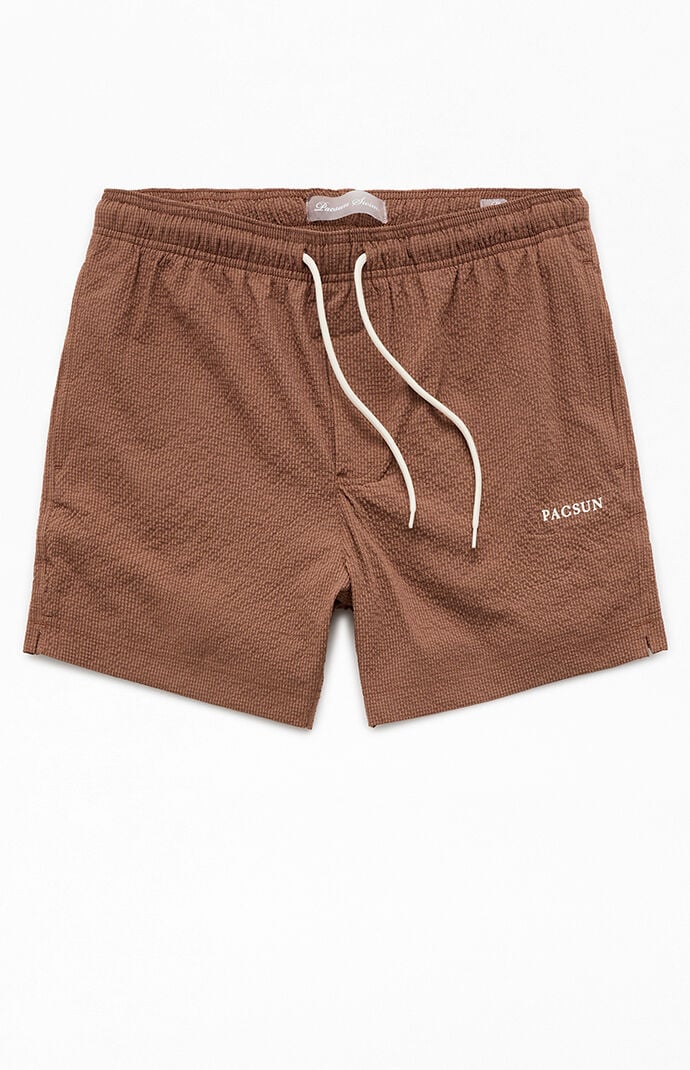 Pacsun Brown Seersucker 4.5" Swim Trunks