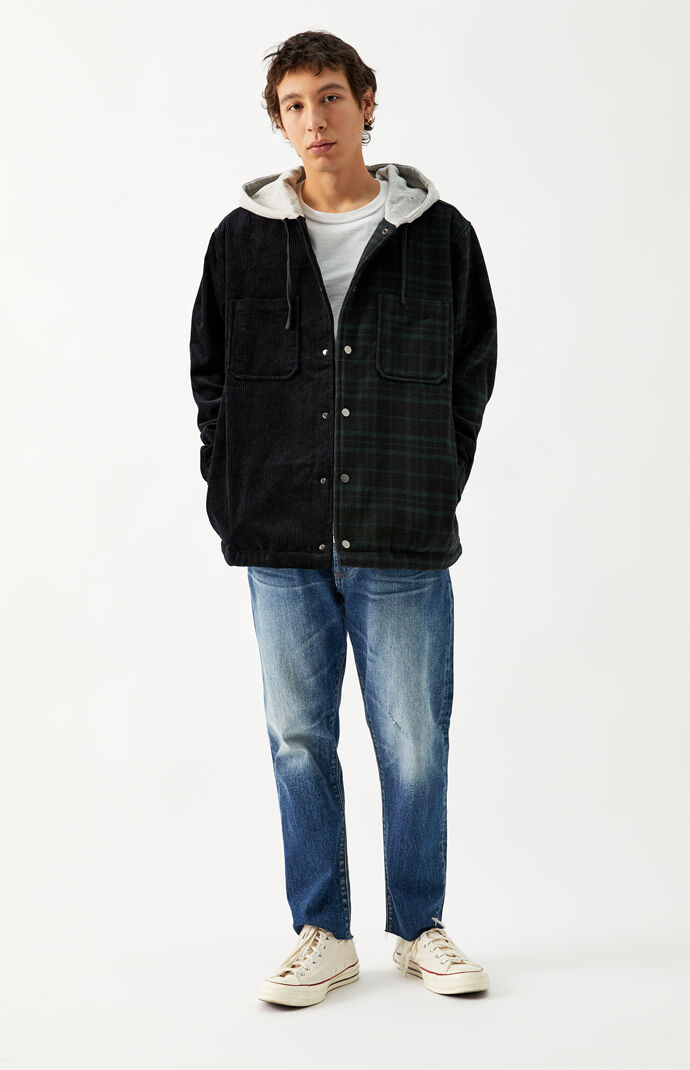 Cord & Plaid Split Hooded Shacket