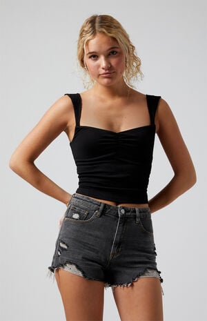 Black Ripped Zip Fly High Waisted Denim Festival Shorts image number 1
