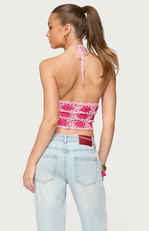 Contrast Floral Crochet Halter Top image number 3