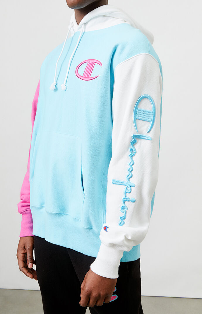 blue and pink champion sweatshirt