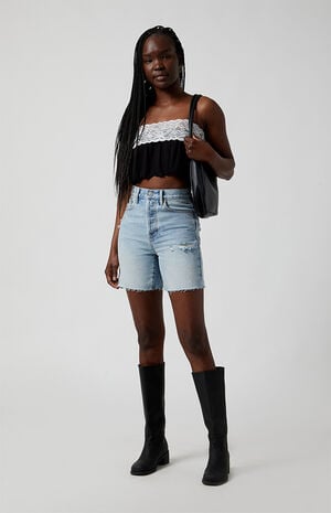 Light Indigo Ripped Frayed Denim Dad Shorts image number 5