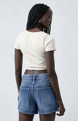 Medium Indigo High Waisted Girlfriend Cargo Shorts image number 4