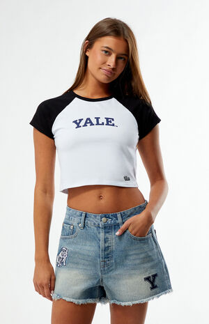 Yale Bulldogs High Waisted Relaxed Patched Denim Shorts image number 3