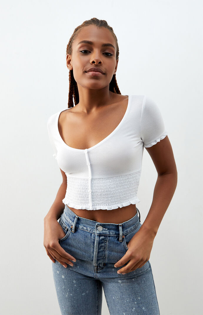 Heather Button Smocked Top