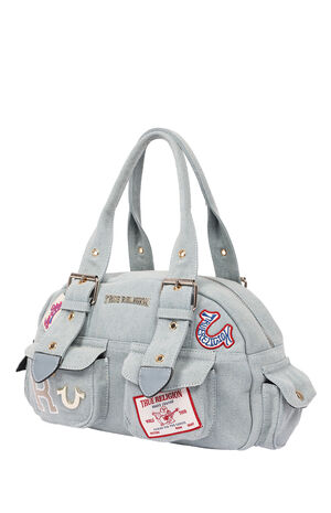 Denim Blue Multi Patch Satchel Bag image number 3