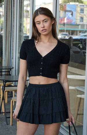 Black Cable Knit Short Sleeve Cropped Cardigan image number 1