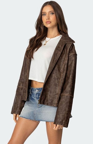 Oversized Washed Faux Leather Jacket image number 3