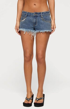 Studded Frayed Low Rise Denim Shorts image number 1