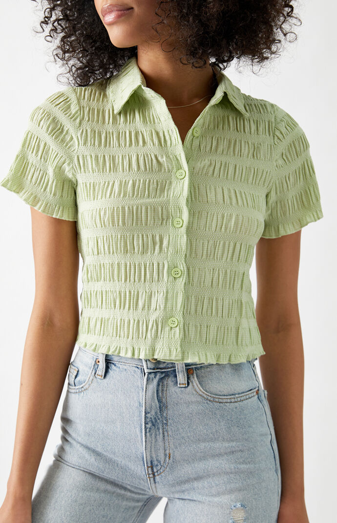 Shirred Smocked Button Down Shirt