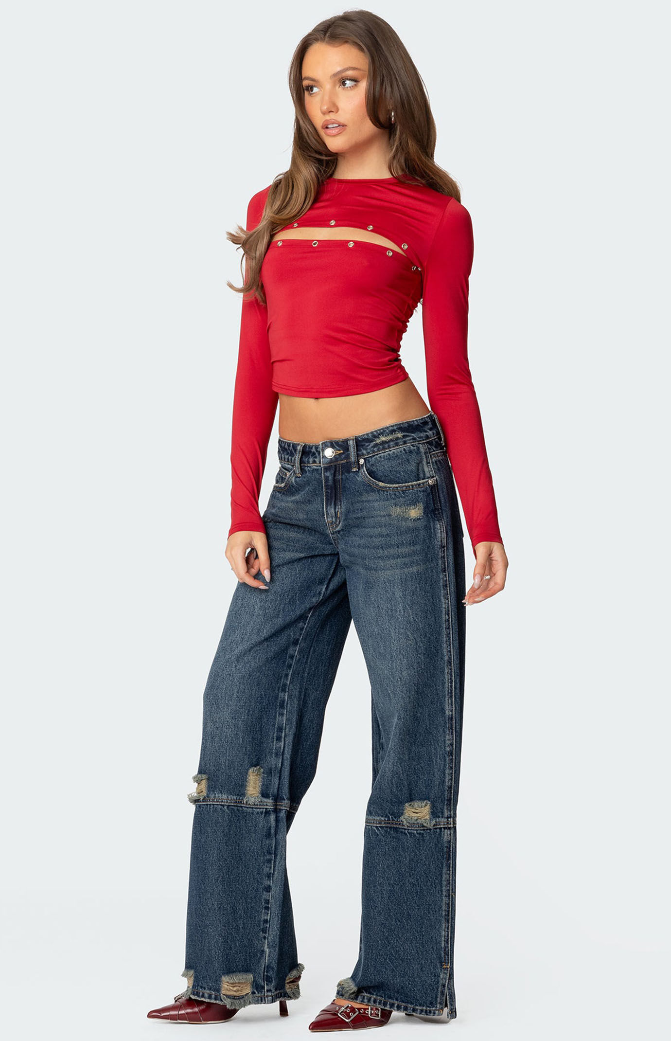 Edikted Slitted Distressed Low Rise Jeans | PacSun