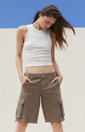 Tan Zip Off Low Rise Baggy Cargo Jeans image number 2