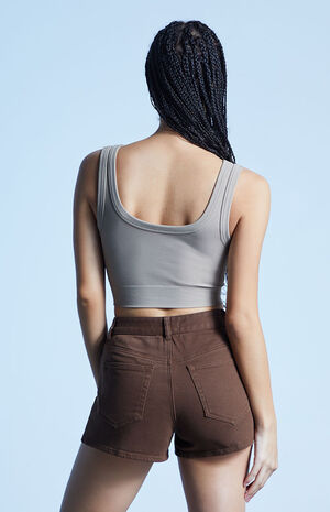 Brown Stretch High Waisted Denim Shorts image number 4