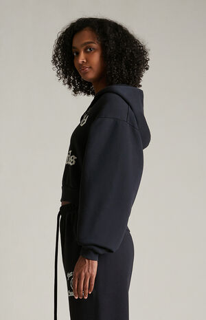 Women's Black Heavy Fleece Cropped V-Neck Hoodie image number 3
