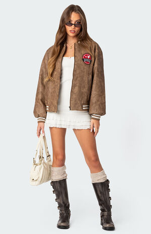 Washed Faux Leather Bomber Jacket image number 1