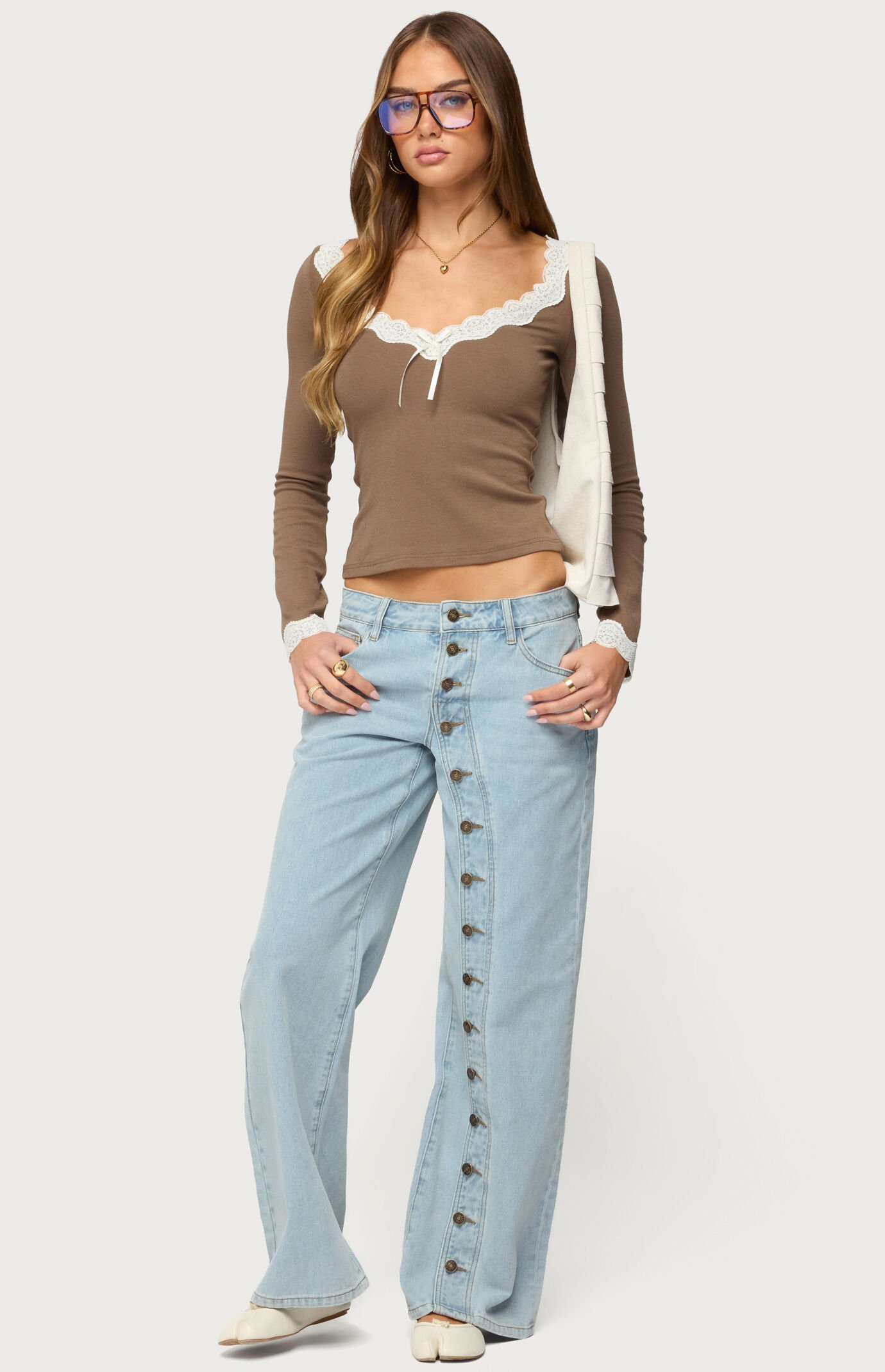 Edikted Contrast Lacey Long Sleeve Top