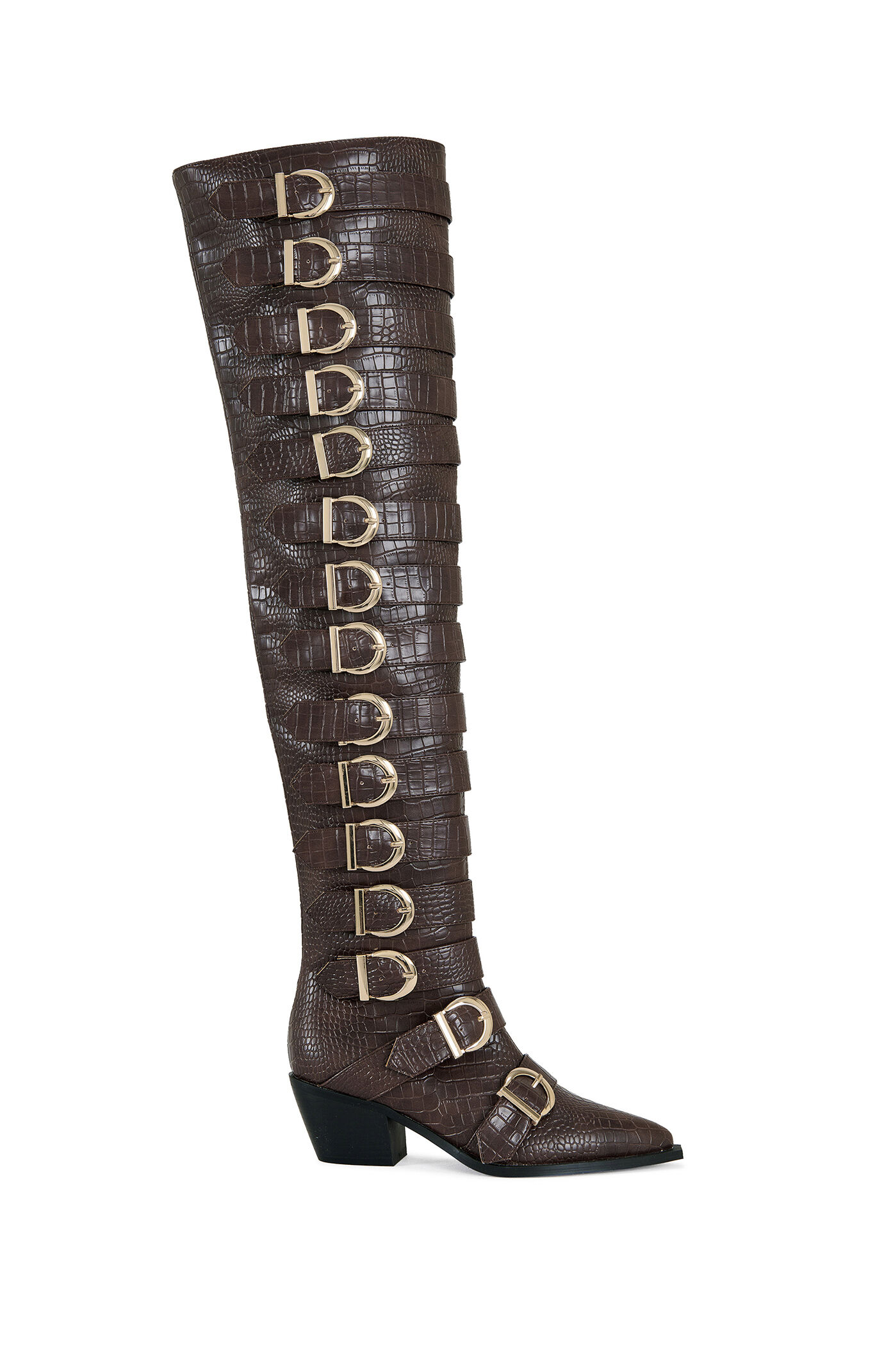 AZALEA WANG Braulia Brown Crocodile Faux Leather Over The Knee Boots