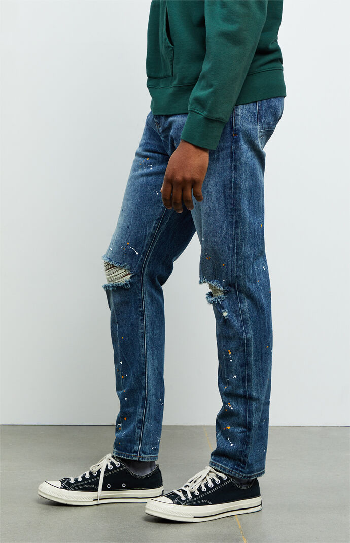 Medium Ripped Splatter Slim Taper Jeans