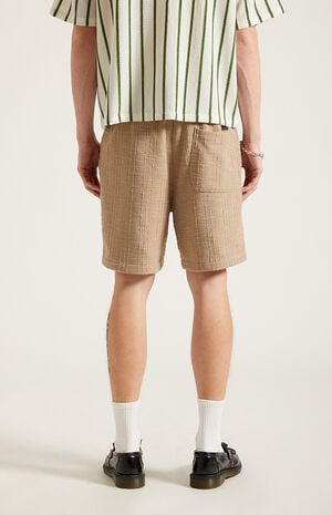 Brown Textured Linen Shorts image number 5