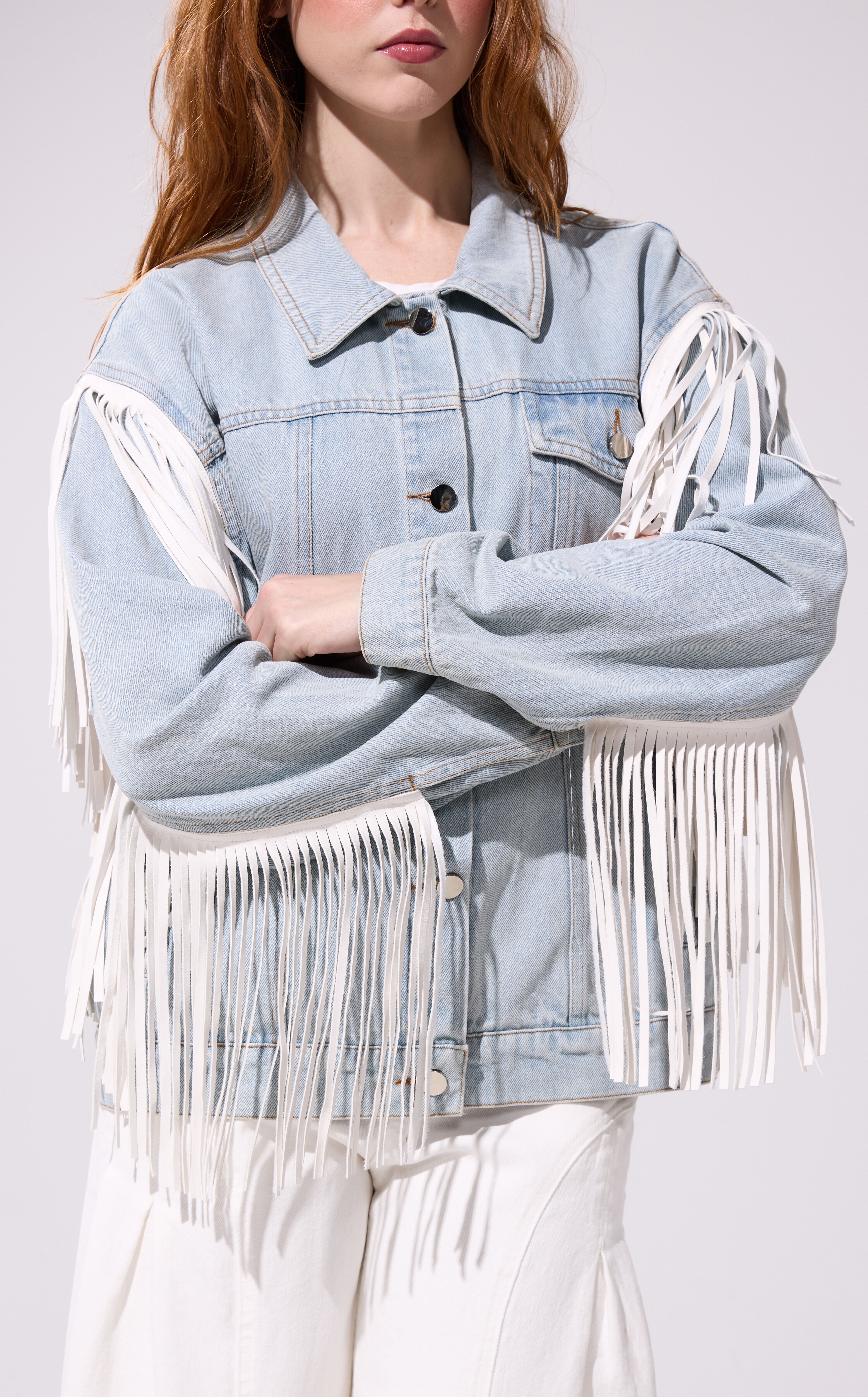 AZALEA WANG Arla Denim Fringe Jacket