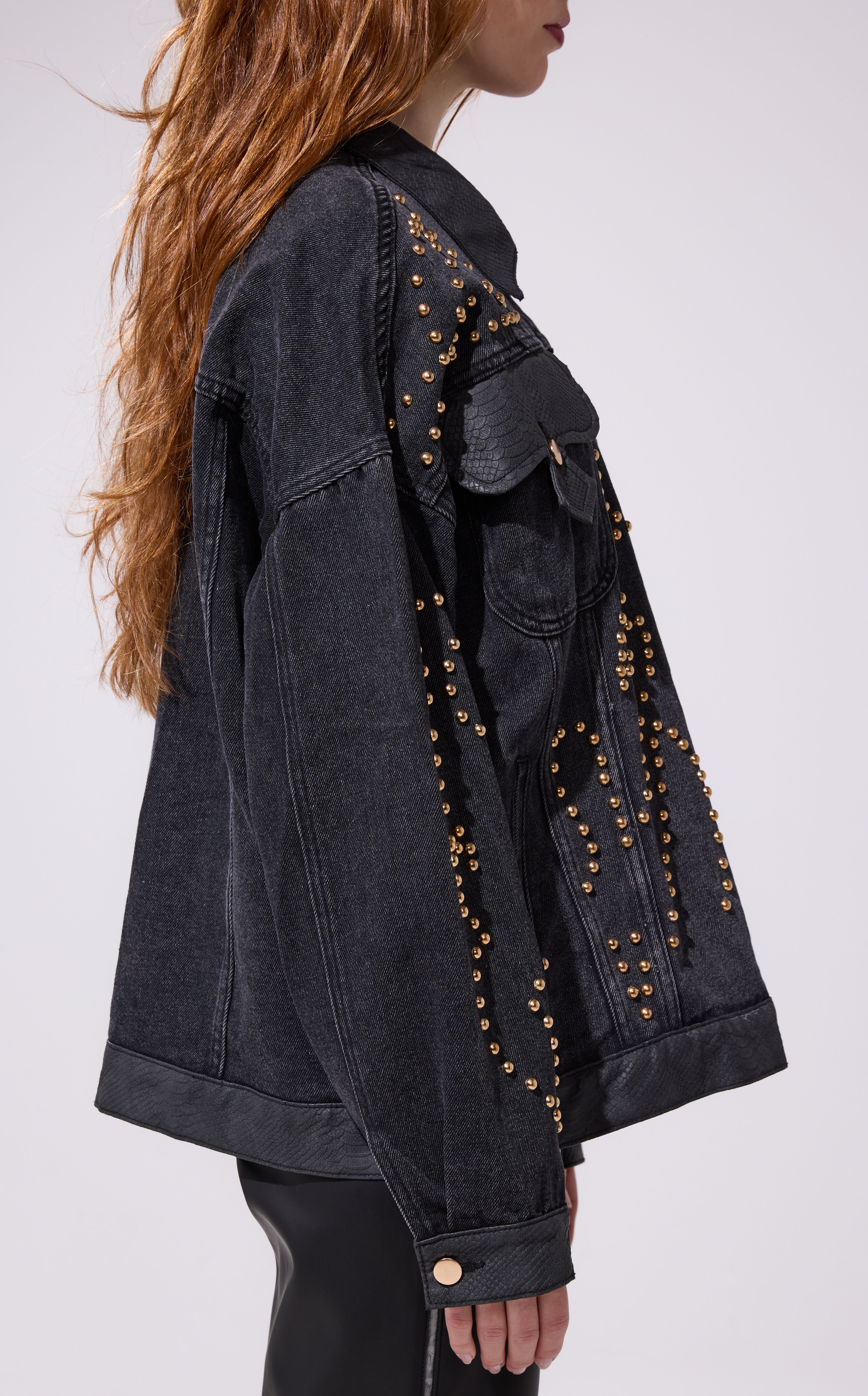 AZALEA WANG Ricki Black Studded Denim Jacket