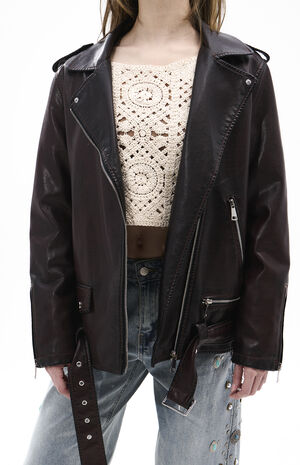 Aurelia Burgundy Faux Leather & Fur Moto Jacket image number 2