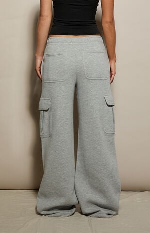 Heather Grey Ultra Soft Fleece Cargo Baggy Sweatpants image number 4