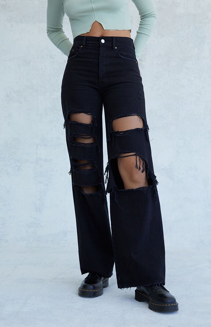 Eco Black Distressed High Waisted Baggy Jeans