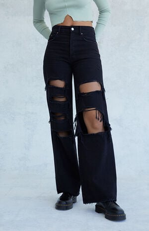 Eco Black Distressed High Waisted Baggy Jeans image number 2