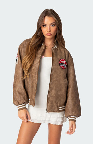 Washed Faux Leather Bomber Jacket image number 2
