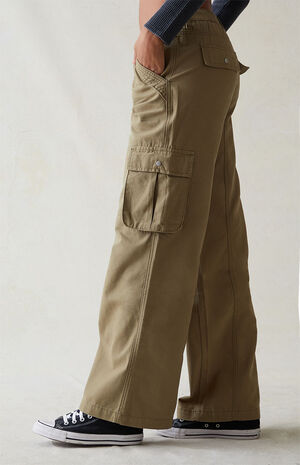Olive Drawstring Waist Baggy Cargo Pants image number 3