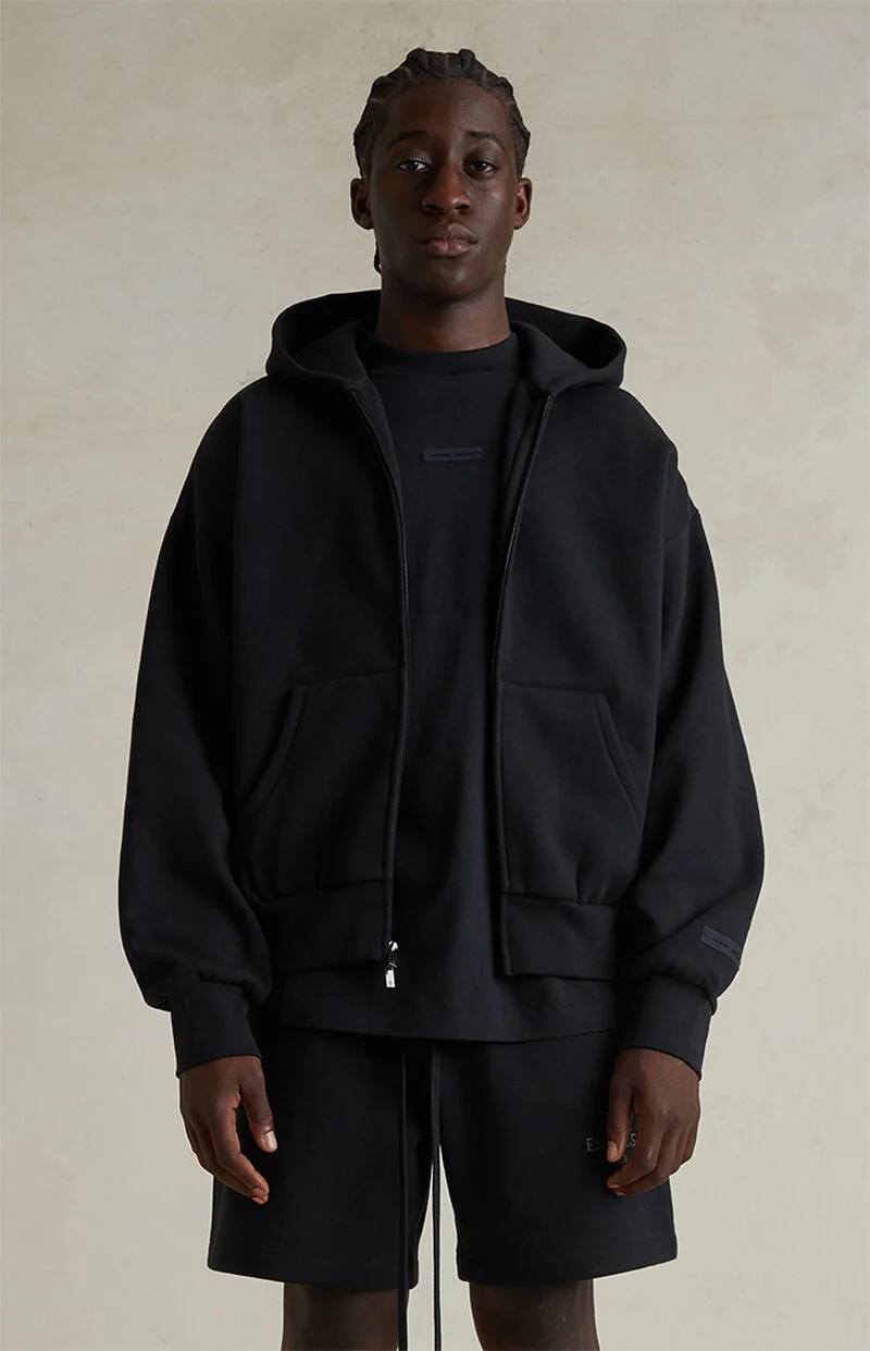 Pacsun Essentials Fear of God ESSENTIALS Jet Black Classic Fleece Zip Up Hoodie | Pacsun