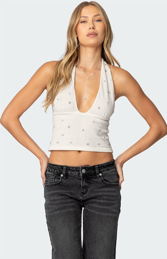 Edikted Rhinestone Knit Halter Top | PacSun