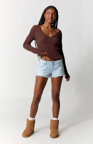 Jamie Low Rise Jean Micro Shorts Raw Hem Light Blue image number 6