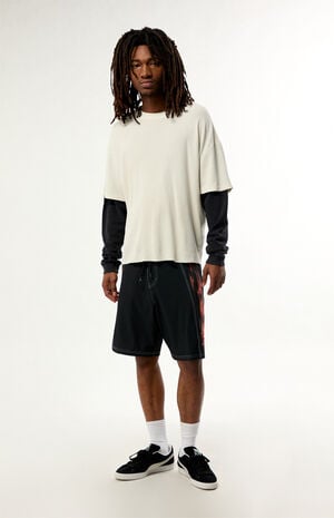 Cream Waffle Knit 2Fer Layered Long Sleeve T-Shirt image number 4