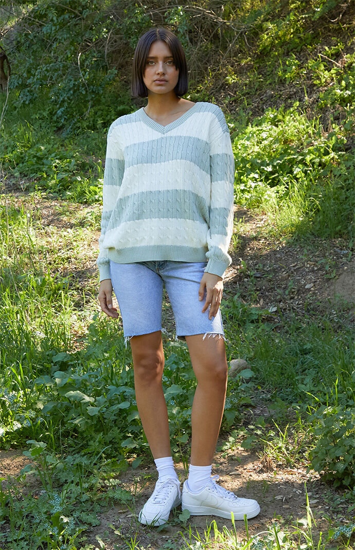 John Galt Women's Striped Nikki V-Neck Cable Knit Sweater in White/Green